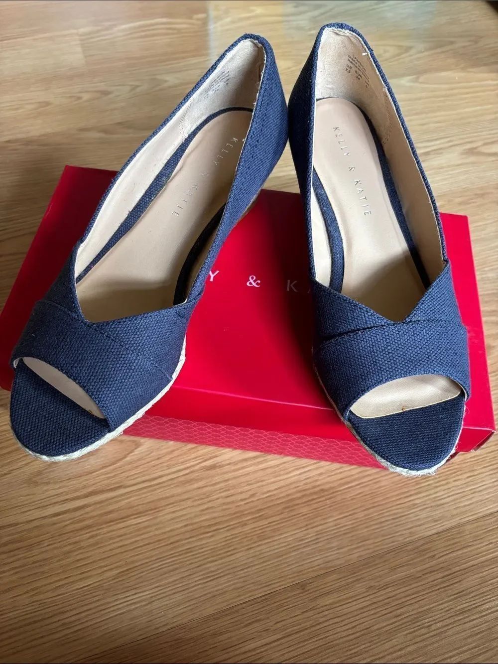 Kelly & Katie Navy Peep Toe Espadrille Wedges